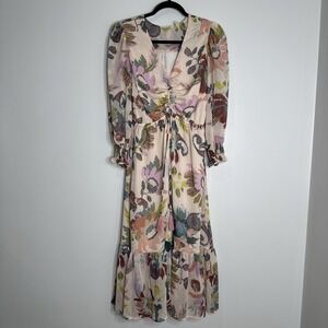 Soft Surroundings Boho Fairy Metallic Floral Tiered Midi Dress Small Tassles